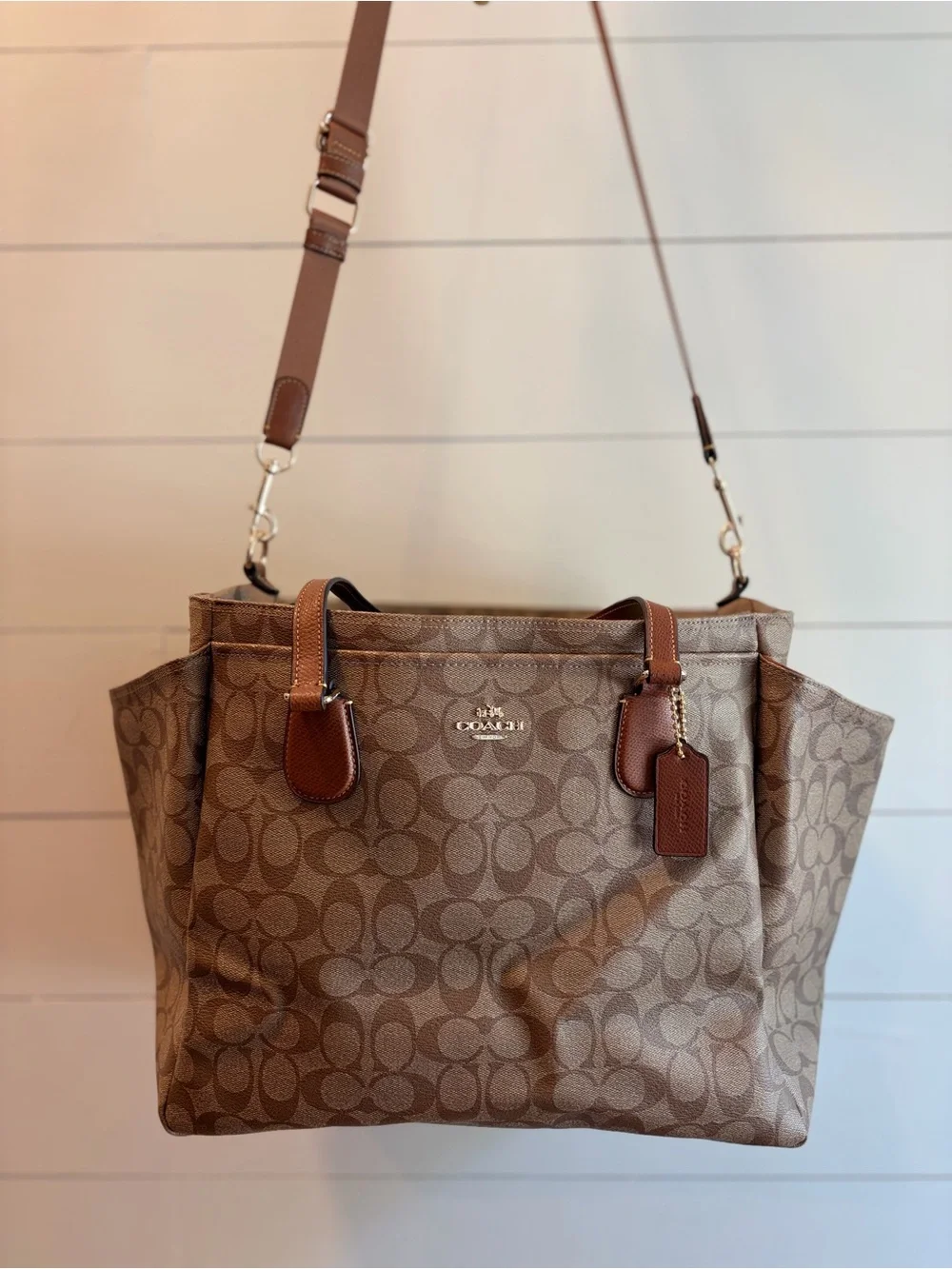 Coach Monogram Canvas Tote in Brown with Leather Trim